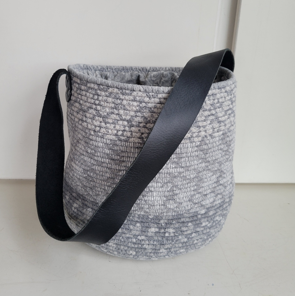 Handmade Sewn Cotton Bucket Bag with Leather Strap Handle - Grey Black W Pocket